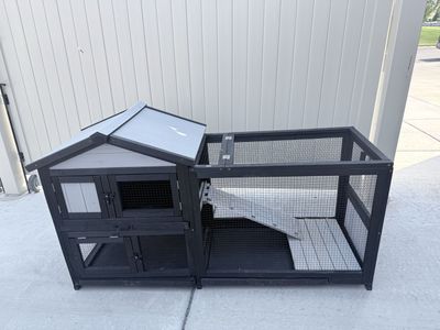 Used Outdoor Rabbit Hutch with Enclosed Run - Dark Wood, Spacious Design, Multiple Access Points