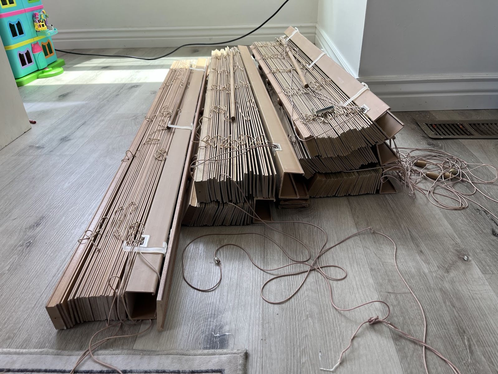 6 Brown Faux-Wood Blinds with Hardware — $50