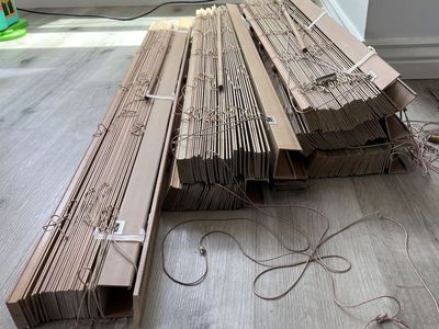 6 Brown Faux-Wood Blinds with Hardware — $50