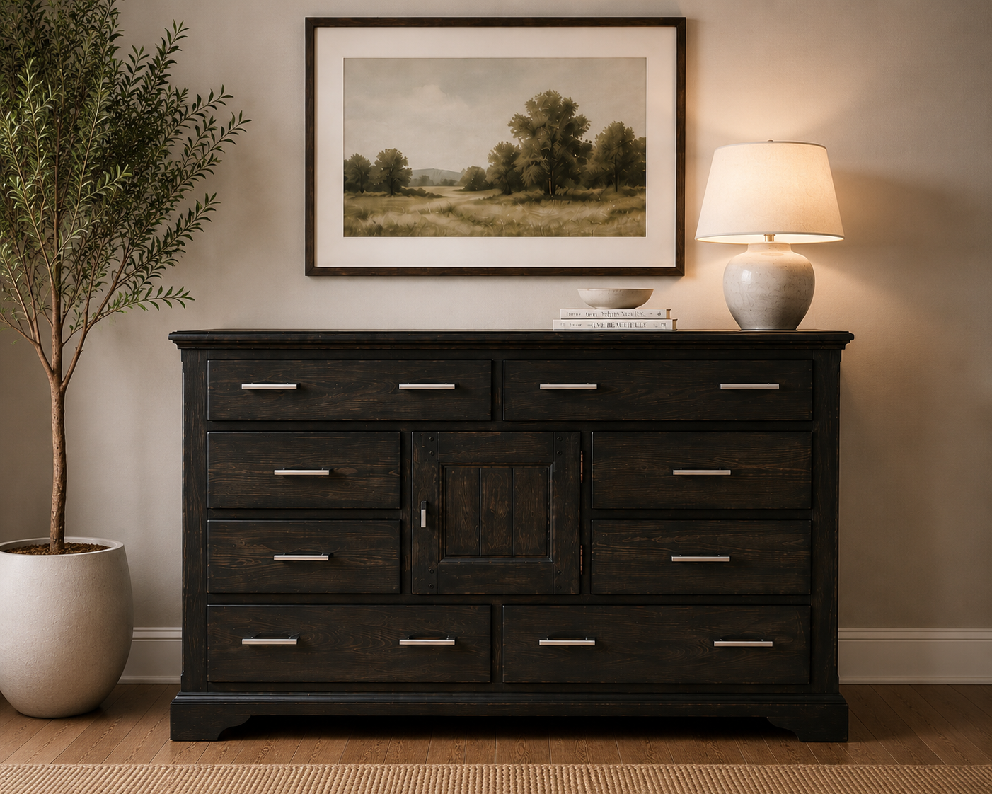 Modern Rustic 8 Drawer Dresser w/ Blanket Cabinet – Dark Wood Statement Piece