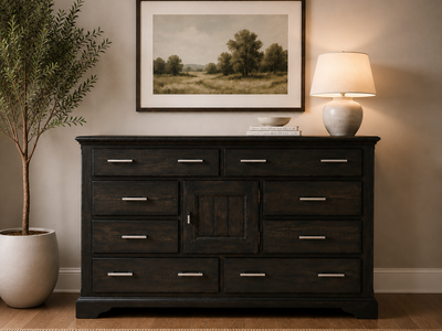 Modern Rustic 8 Drawer Dresser w/ Blanket Cabinet – Dark Wood Statement Piece