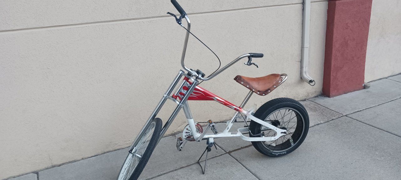 Unique Custom Chopper Bicycle - White, Red Flames, Brown Seat