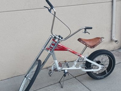 Unique Custom Chopper Bicycle - White, Red Flames, Brown Seat