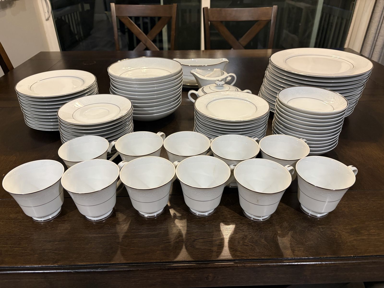Vintage Noritake Fine China Dinnerware Set - White & Platinum Rim - Service for 12+ - Elegant Floral Motif