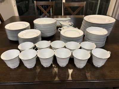 Vintage Noritake Fine China Dinnerware Set - White & Platinum Rim - Service for 12+ - Elegant Floral Motif