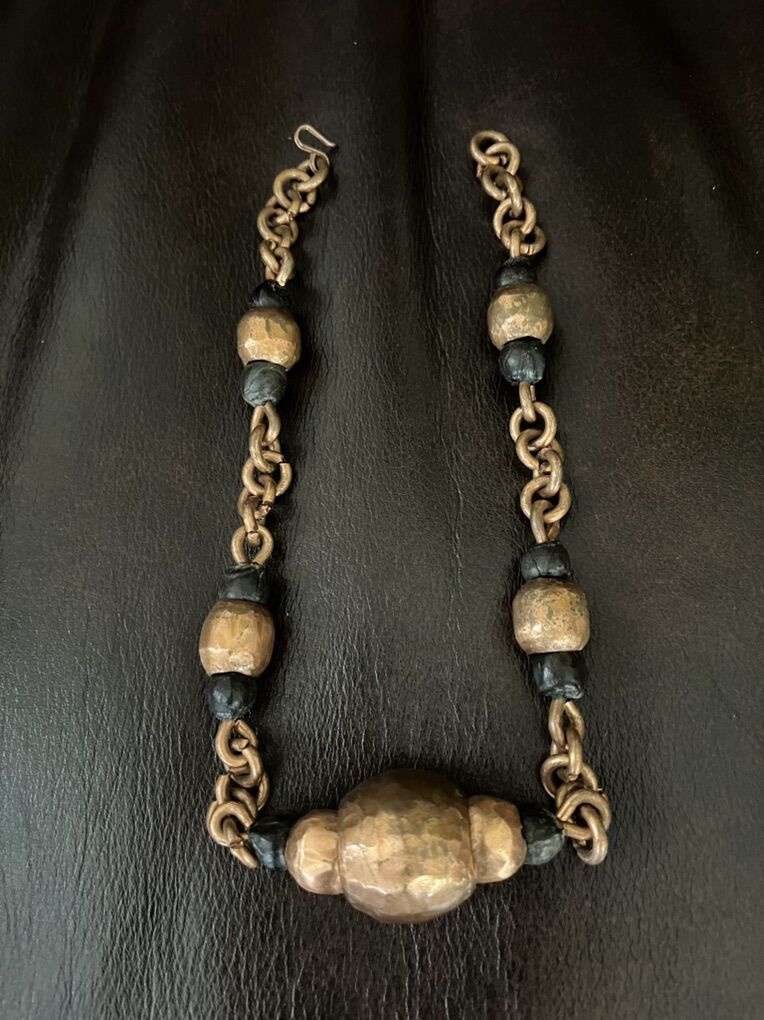 Hand Hammered Copper Choker with Black Beads - Vintage/Antique 1930's
