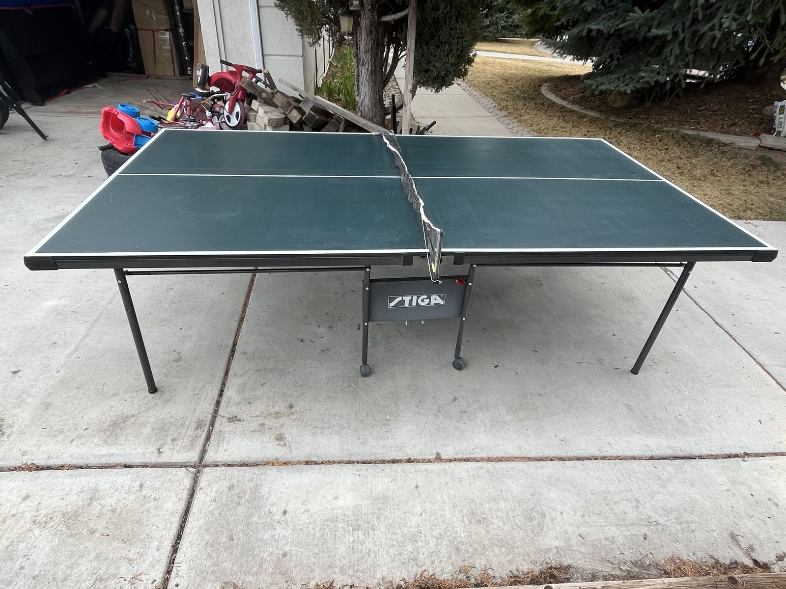 Ping pong table, balls, paddles, and storage cover