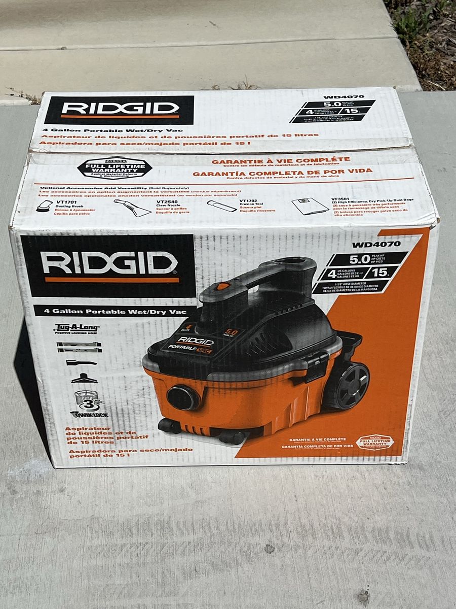 NEW Rigid 4 Gal. 5.0 Peak HP Portable Shop Vacuum Wet Dry Vac with Fine Dust Filter, Locking Hose and Attachments WD4070