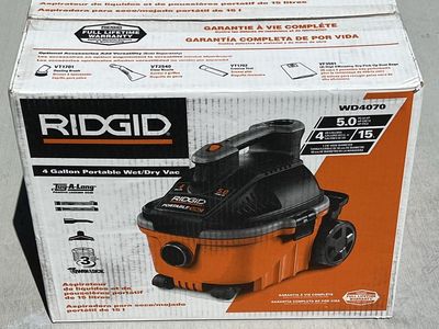 NEW Rigid 4 Gal. 5.0 Peak HP Portable Shop Vacuum Wet Dry Vac with Fine Dust Filter, Locking Hose and Attachments WD4070