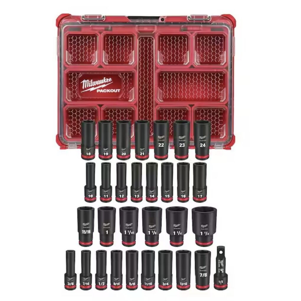 Milwaukee SHOCKWAVE Impact-Duty 1/2 in. Drive Metric and SAE Deep Well Impact PACKOUT Socket Set (31-Piece)