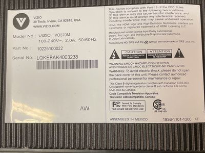 Flat screen television Visio 37”