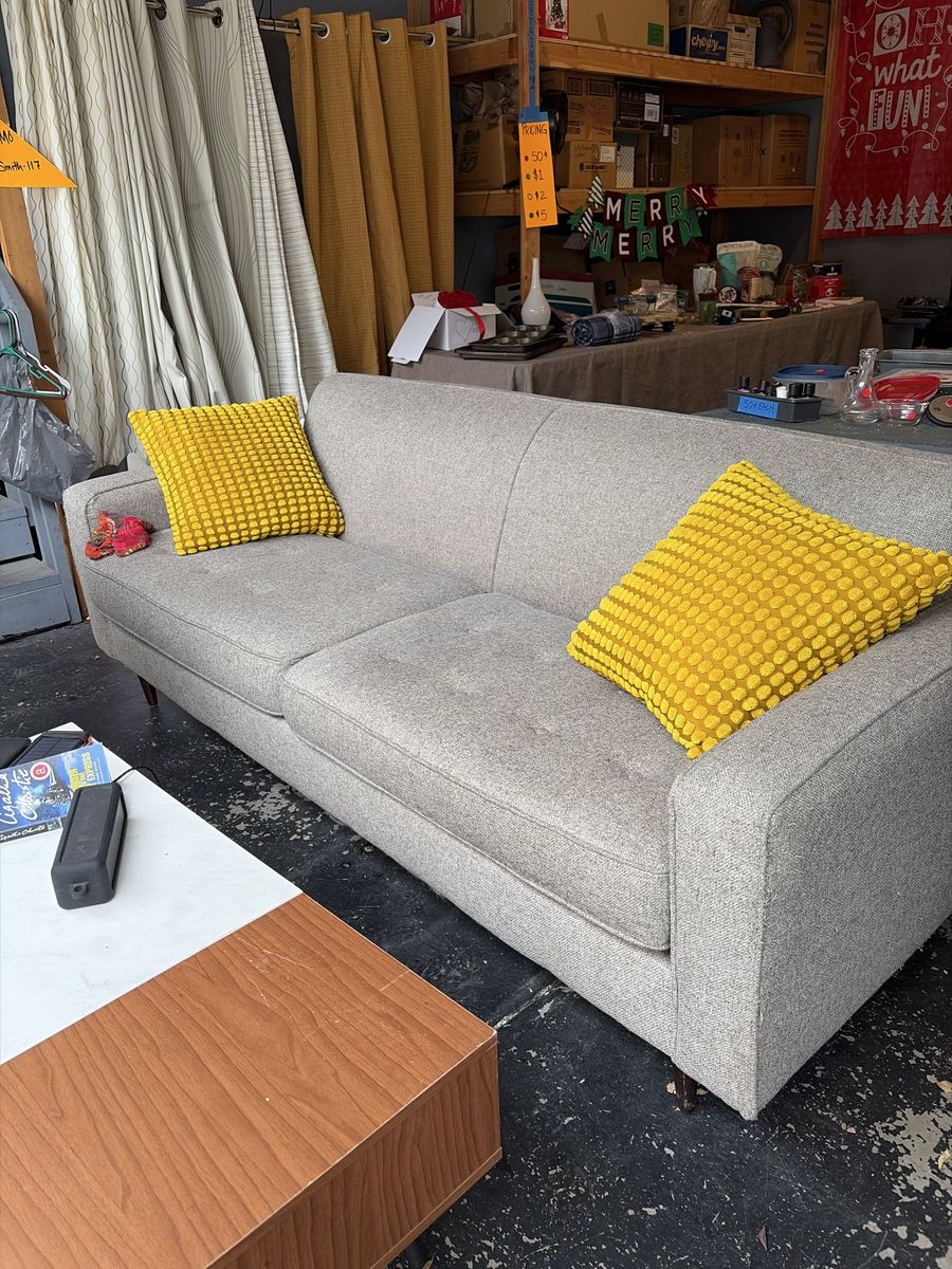 Modern Light Gray Fabric Sofa with Dark Wood Legs