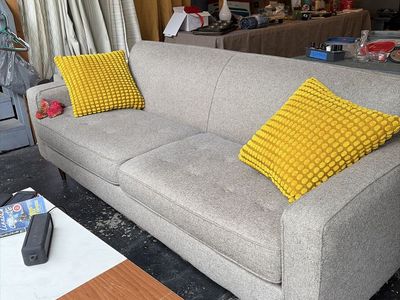 Modern Light Gray Fabric Sofa with Dark Wood Legs