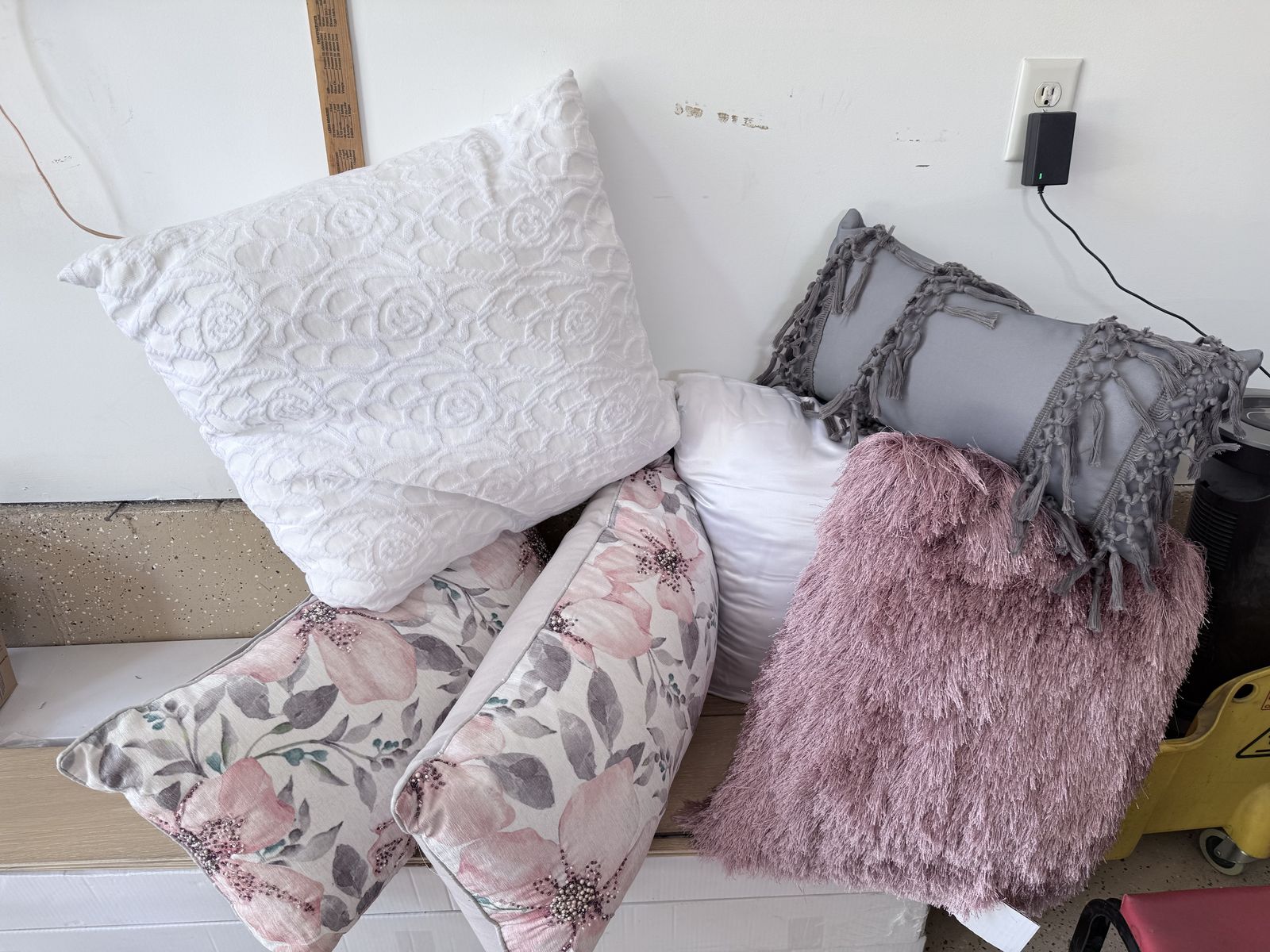 Decorative Pillow Lot - Pink Floral, White Textured, Gray Macrame, & Shag Throw Pillows (5 Total)