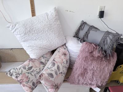 Decorative Pillow Lot - Pink Floral, White Textured, Gray Macrame, & Shag Throw Pillows (5 Total)