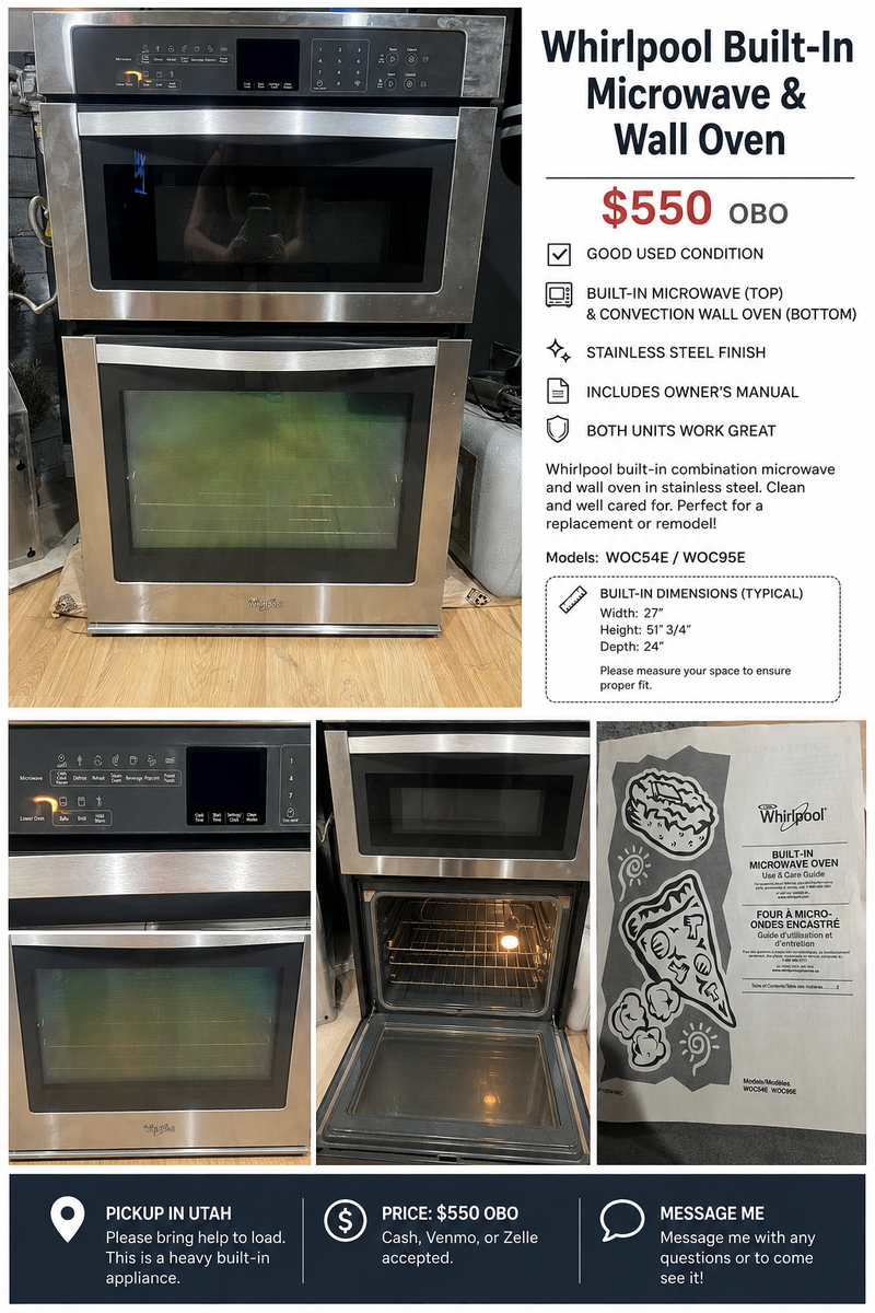 Whirlpool Built-In Microwave & Wall Oven Combo – $550 OBO