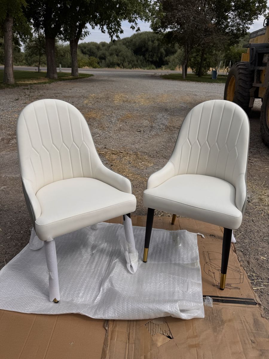 Dining Chairs, White Faux Leather, Black Legs w/ Gold Accents, Set of 2