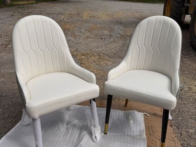 Dining Chairs, White Faux Leather, Black Legs w/ Gold Accents, Set of 2