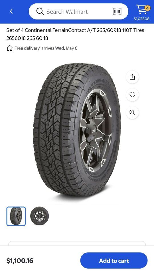 Set of 4 Continental TerrainContact A/T 265/60R18 110T Tires 2656018 265 60 18