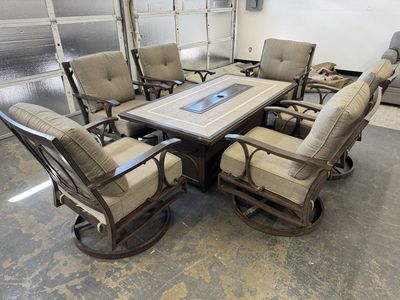 COSTCO 7-PIECE OUTDOOR FIRE PATIO DINING TABLE CHAIR SET