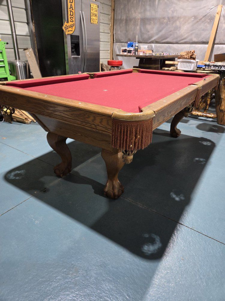 Vintage Oak Wood Pool Table with Red Felt and Clawfoot Legs - Good Condition