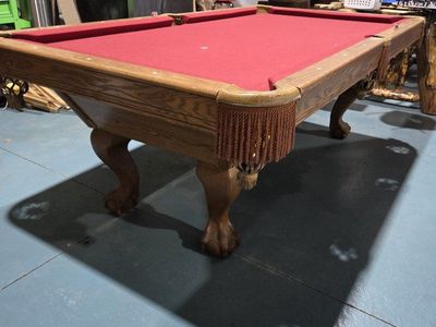 Vintage Oak Wood Pool Table with Red Felt and Clawfoot Legs - Good Condition