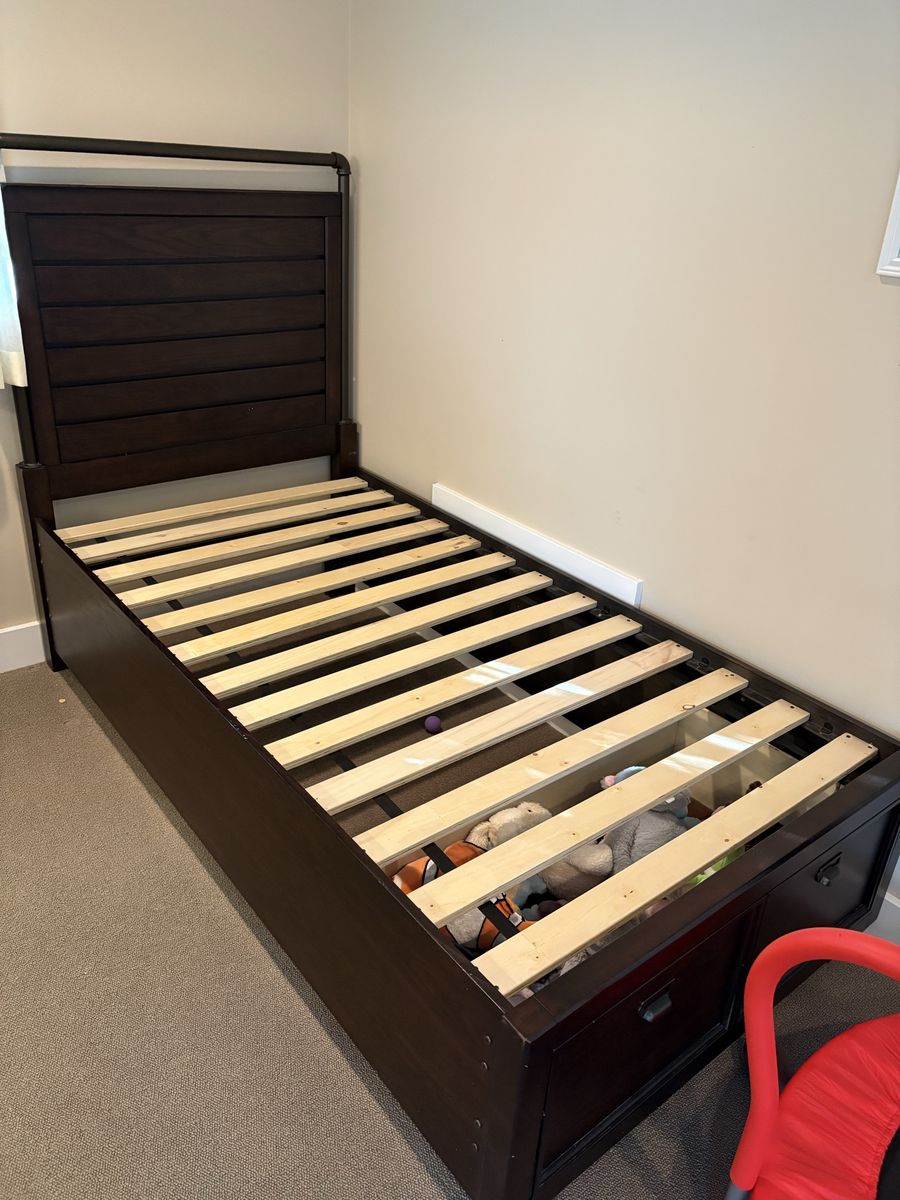 Dark Brown Wood Twin Bed Frame with Headboard and Footboard Storage Drawer