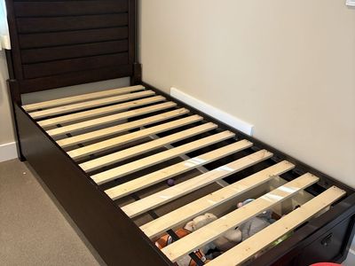Dark Brown Wood Twin Bed Frame with Headboard and Footboard Storage Drawer