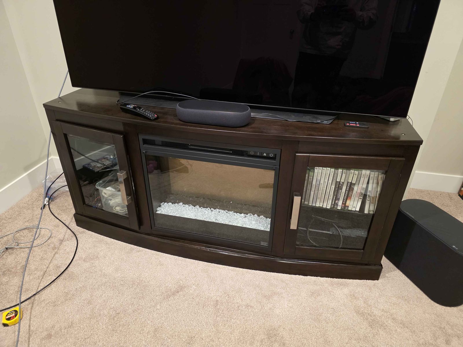 Dark Wood TV Stand with Electric Fireplace and Storage Cabinets - Modern Media Console