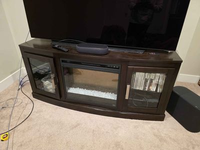 Dark Wood TV Stand with Electric Fireplace and Storage Cabinets - Modern Media Console