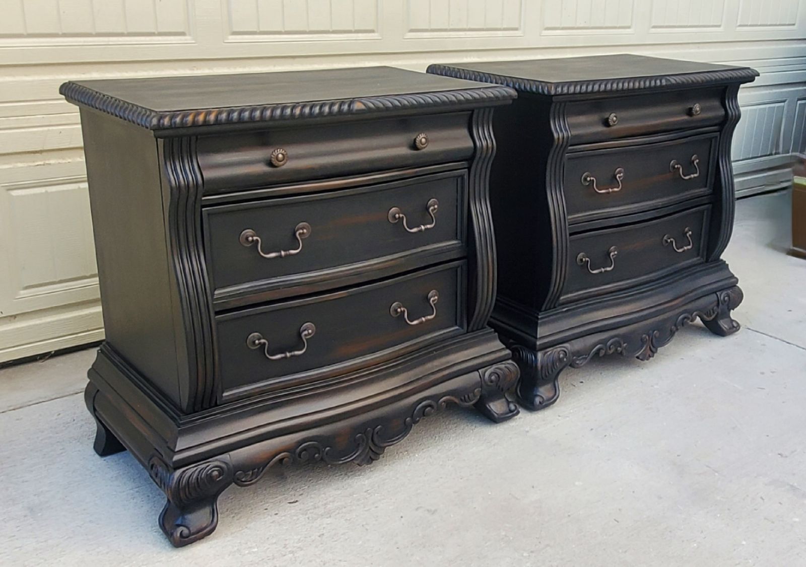 European Nightstands Set of 2 Carved Black TALL End Tables  Farmhouse Gothic Western