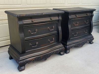 European Nightstands Set of 2 Carved Black TALL End Tables Farmhouse Gothic Western