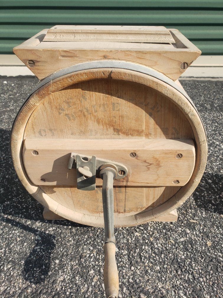 Vintage Hand-Crank Wooden Butter Churn Barrel - Farmhouse Kitchen Decor