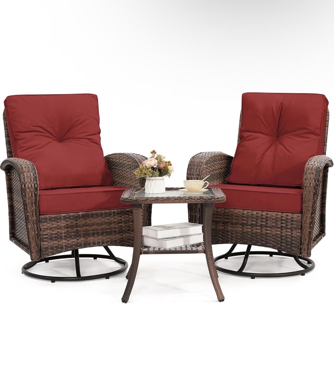 Wicker Patio Swivel Rocker Chairs (Set of 2) with Cushions & Glass Side Table - Brown/Red