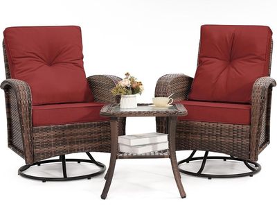 Wicker Patio Swivel Rocker Chairs (Set of 2) with Cushions & Glass Side Table - Brown/Red