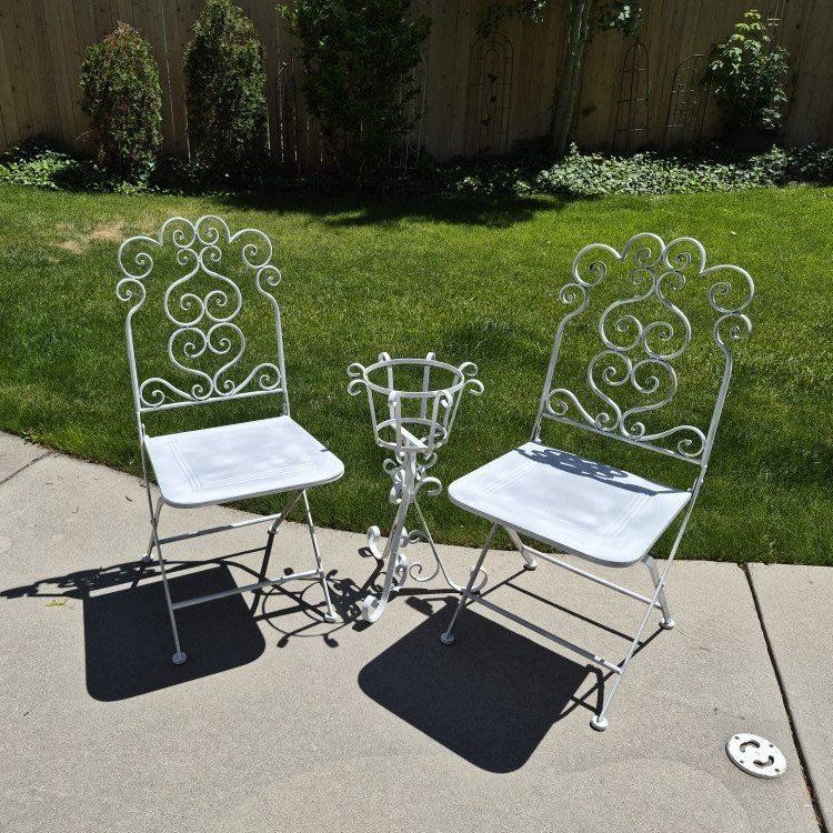 White Metal Patio Bistro Set - 2 Folding Chairs & Plant Stand - Scroll Design Outdoor Furniture