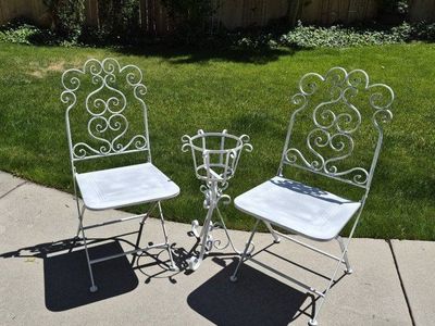 White Metal Patio Bistro Set - 2 Folding Chairs & Plant Stand - Scroll Design Outdoor Furniture