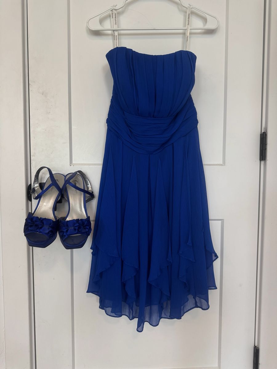 David's Bridal Strapless Blue Formal Dress Size 8 with Matching Heels Size 9
