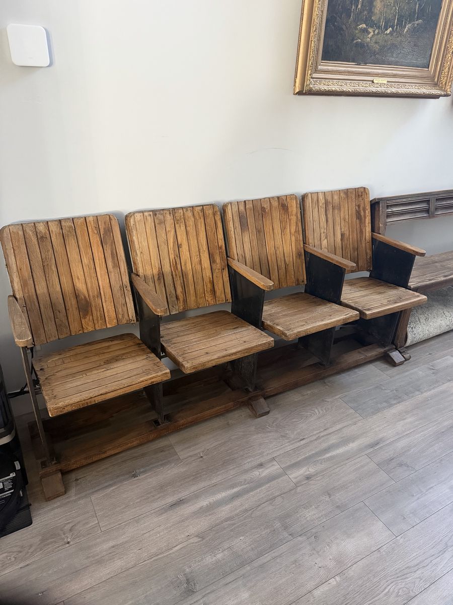Vintage Wooden Stadium Seating Bleacher Bench with 4 Foldable Seats - Rustic Antique Industrial