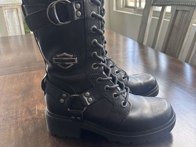 Harley Davidson Black Leather Lace-Up Motorcycle Boots Women's Size 7.5 with Buckle Detail
