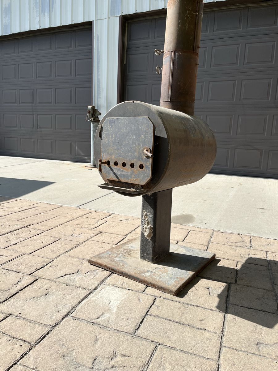 Rustic Outdoor Steel Wood Burning Fireplace Stove with Chimney & Stand and tools .
