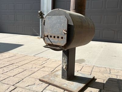 Rustic Outdoor Steel Wood Burning Fireplace Stove with Chimney & Stand and tools .
