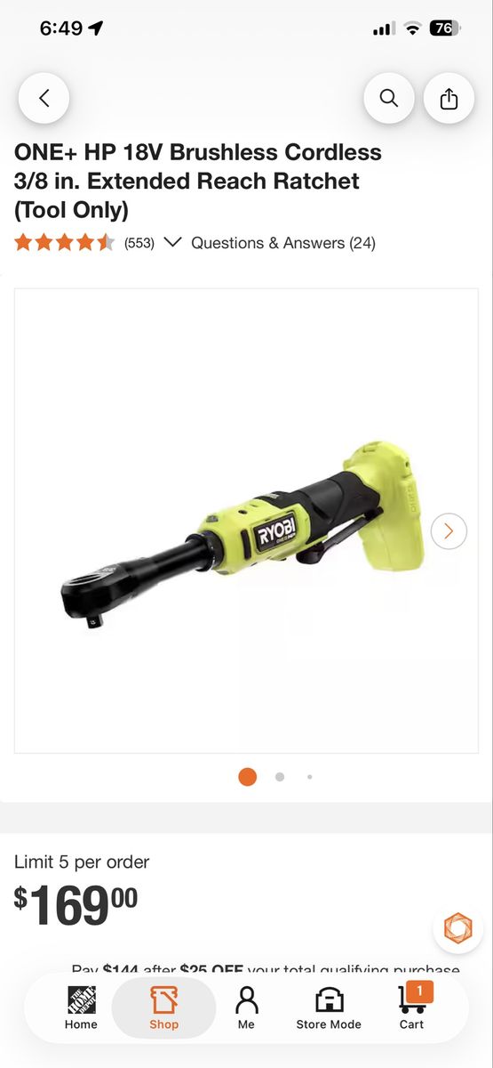 Ryobi ONE+ HP 18V Brushless Cordless 3/8 in. Extended Reach Ratchet (Tool Only)