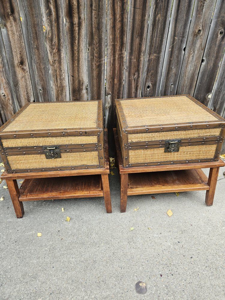 Pair of Tommy Bahama Woven Rattan & Wood Storage Trunks / End Tables with Metal Accents