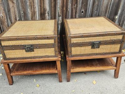Pair of Tommy Bahama Woven Rattan & Wood Storage Trunks / End Tables with Metal Accents