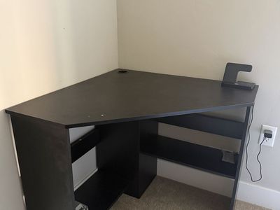 Black Corner Desk with Shelves and Cable Management Hole - Space-Saving Design