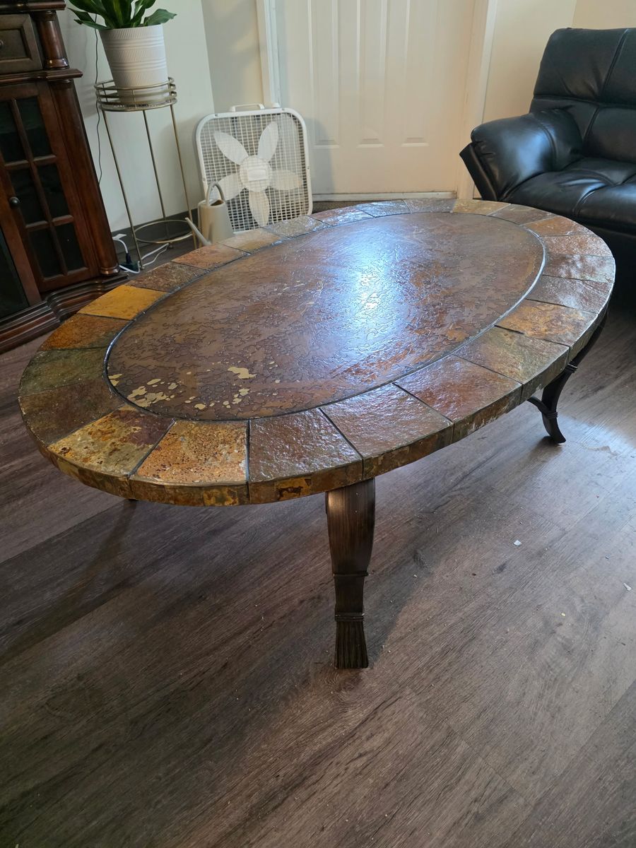 Rustic Oval Slate Tile Coffee Table with Metal Legs