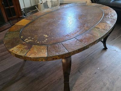 Rustic Oval Slate Tile Coffee Table with Metal Legs