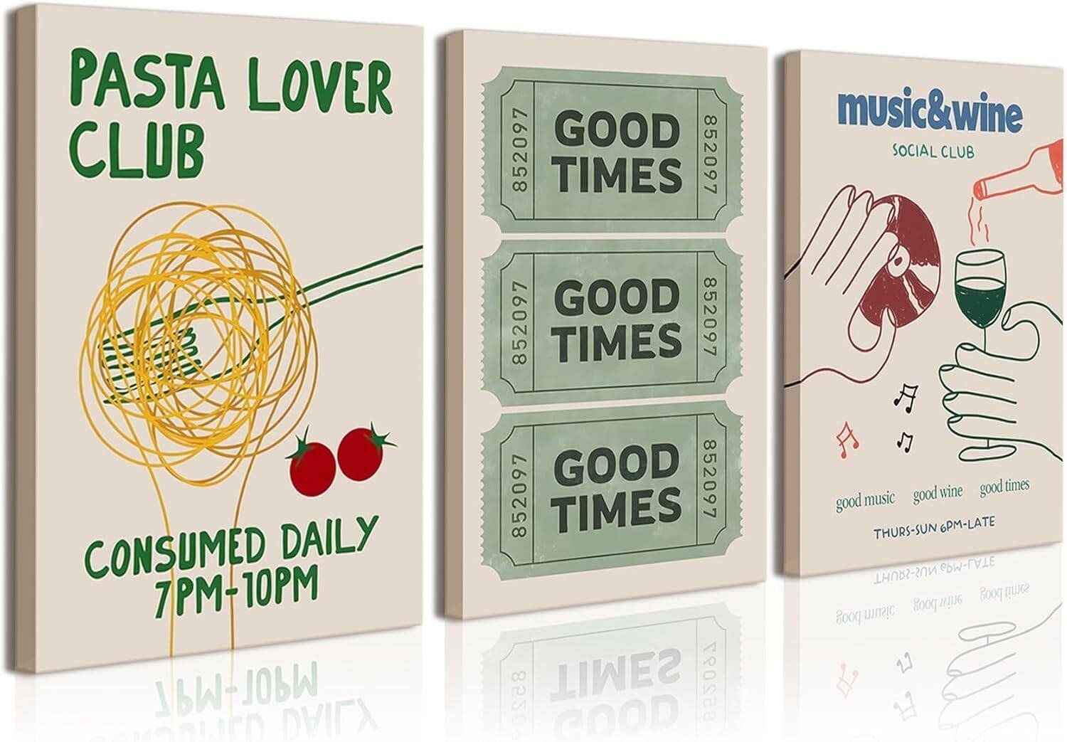 Pasta Lover Club Art Print Set - 3 Canvas Wall art decor Prints, Food & Drink Themed