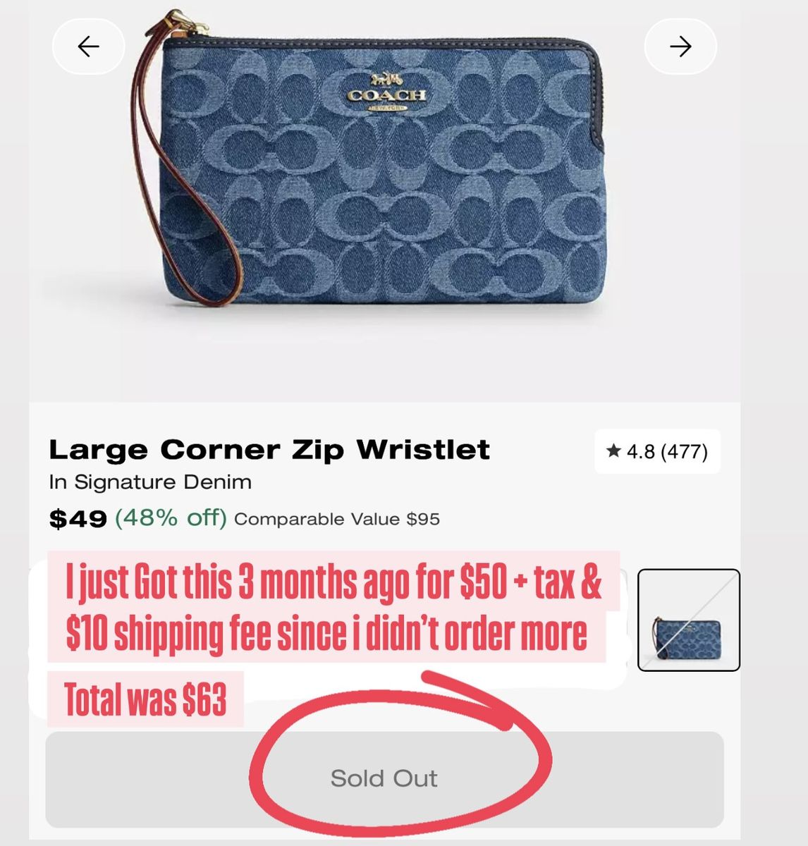 Coach Large denim corner zip clutch wristlet